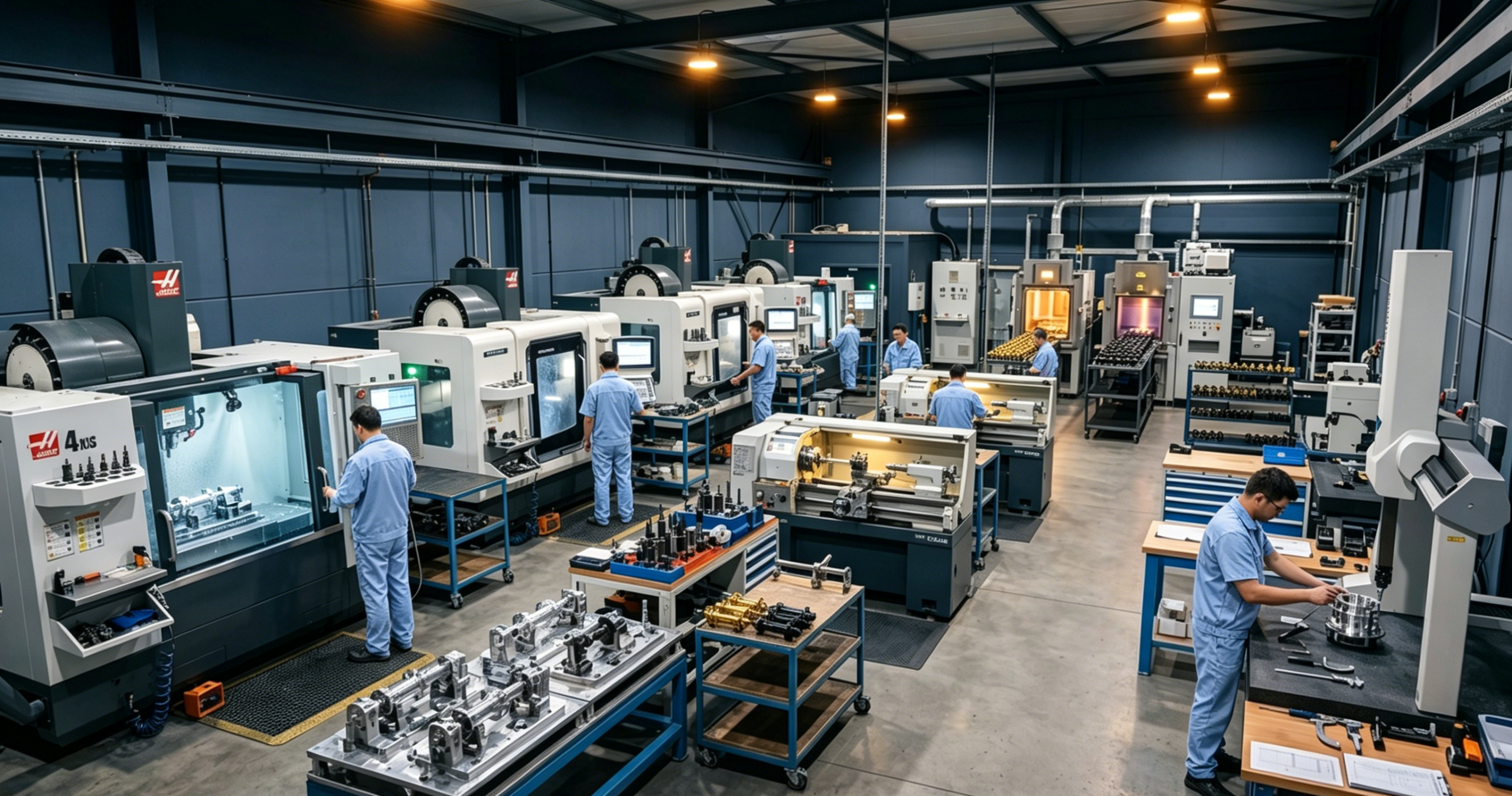 Goldcattle CNC machining facility with 3-axis, 4-axis and 5-axis milling centers and quality inspection station