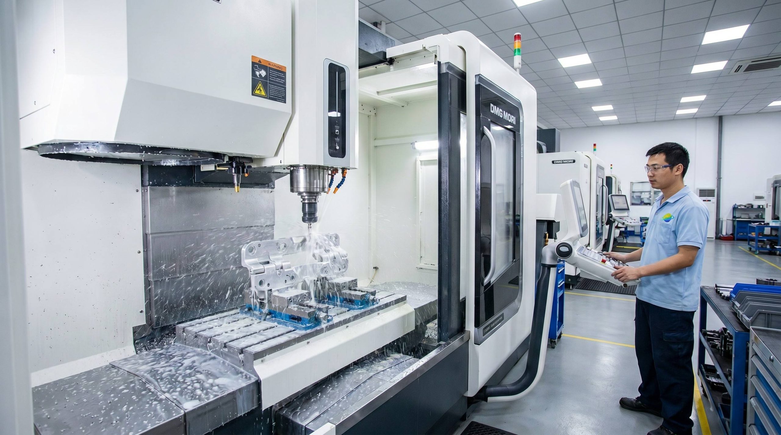 CNC machining center milling custom aluminum automotive hinge component with coolant DMG MORI style
