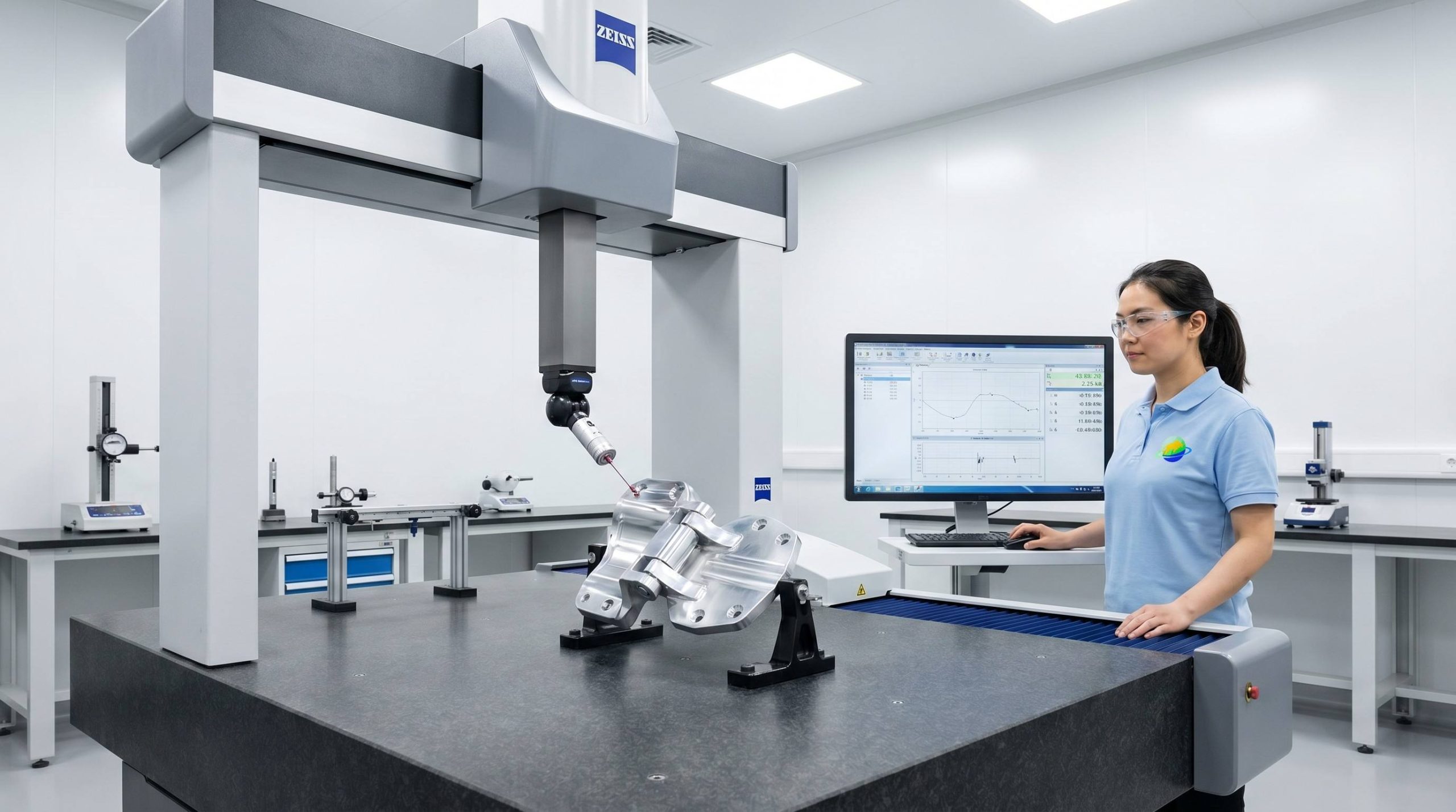 CMM coordinate measuring machine inspecting precision aluminum automotive door hinge dimensional verification quality control