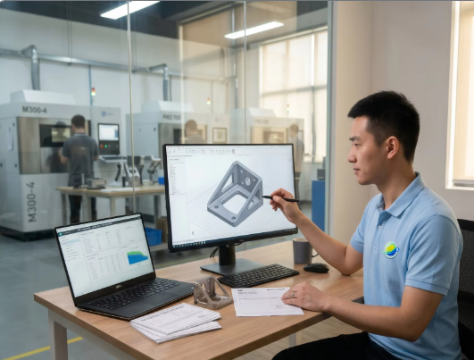 Chinese engineer in light blue PRO polo shirt reviewing CAD files for stainless steel 3D printing DFM analysis and quotation at Goldcattle