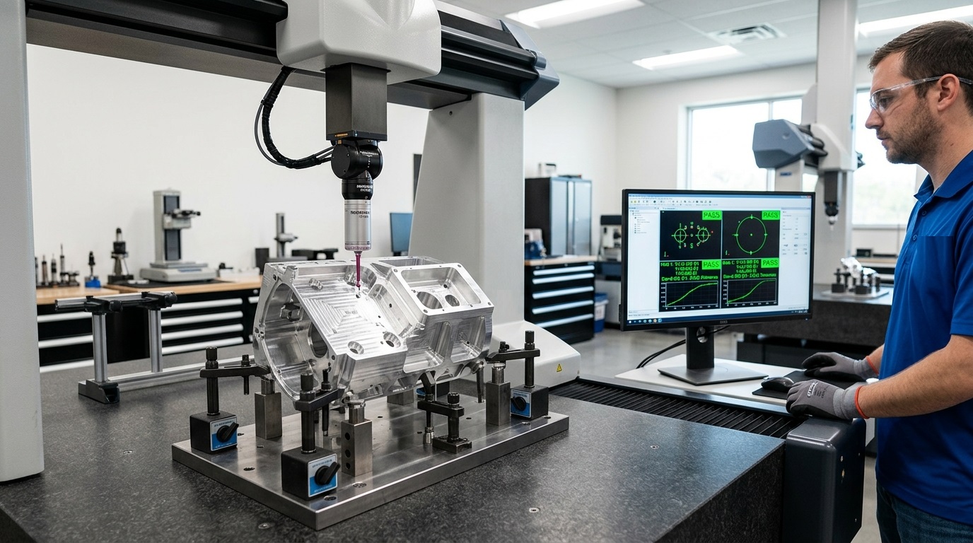 CMM coordinate measuring machine inspection of 5-axis CNC machined aerospace component