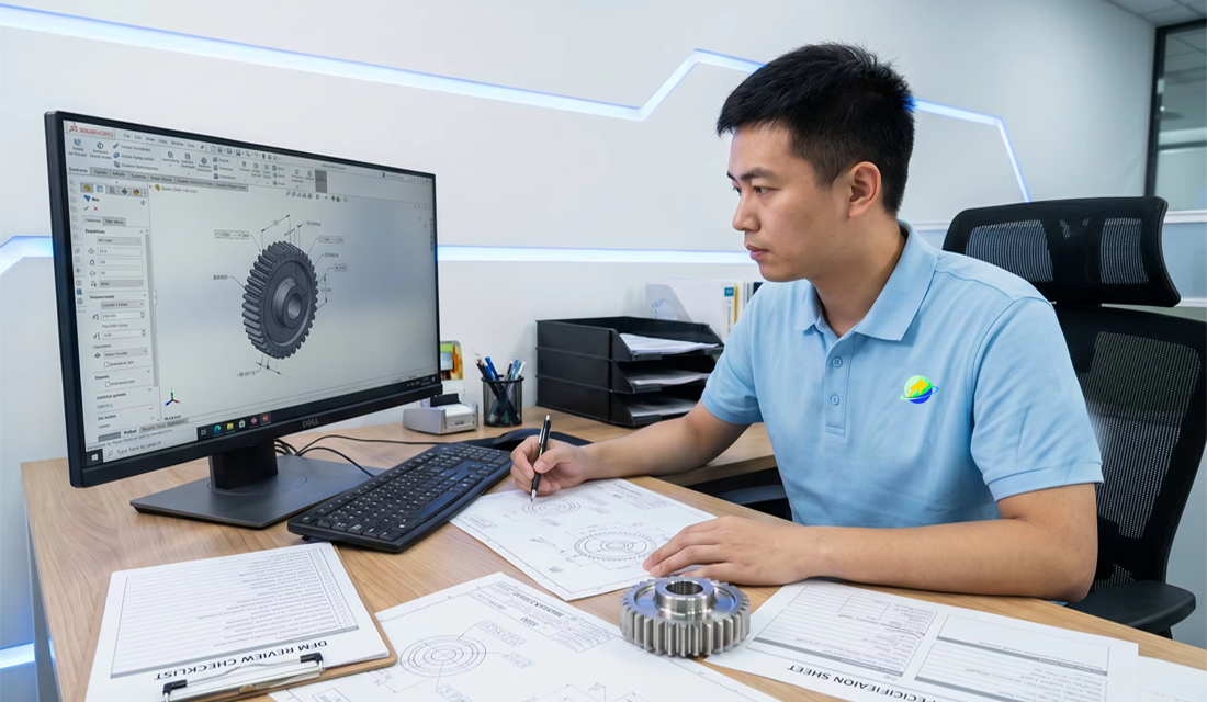 Chinese engineer in light blue PRO polo shirt with bull-sphere-ring logo reviewing CAD gear specifications and DFM checklist at Goldcattle