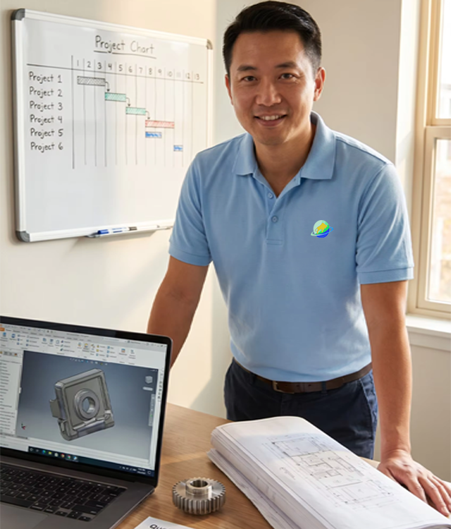 Chinese engineer in light blue PRO polo shirt with bull-sphere-ring logo at Goldcattle ready to review your oil pump gear drawings and provide quotation