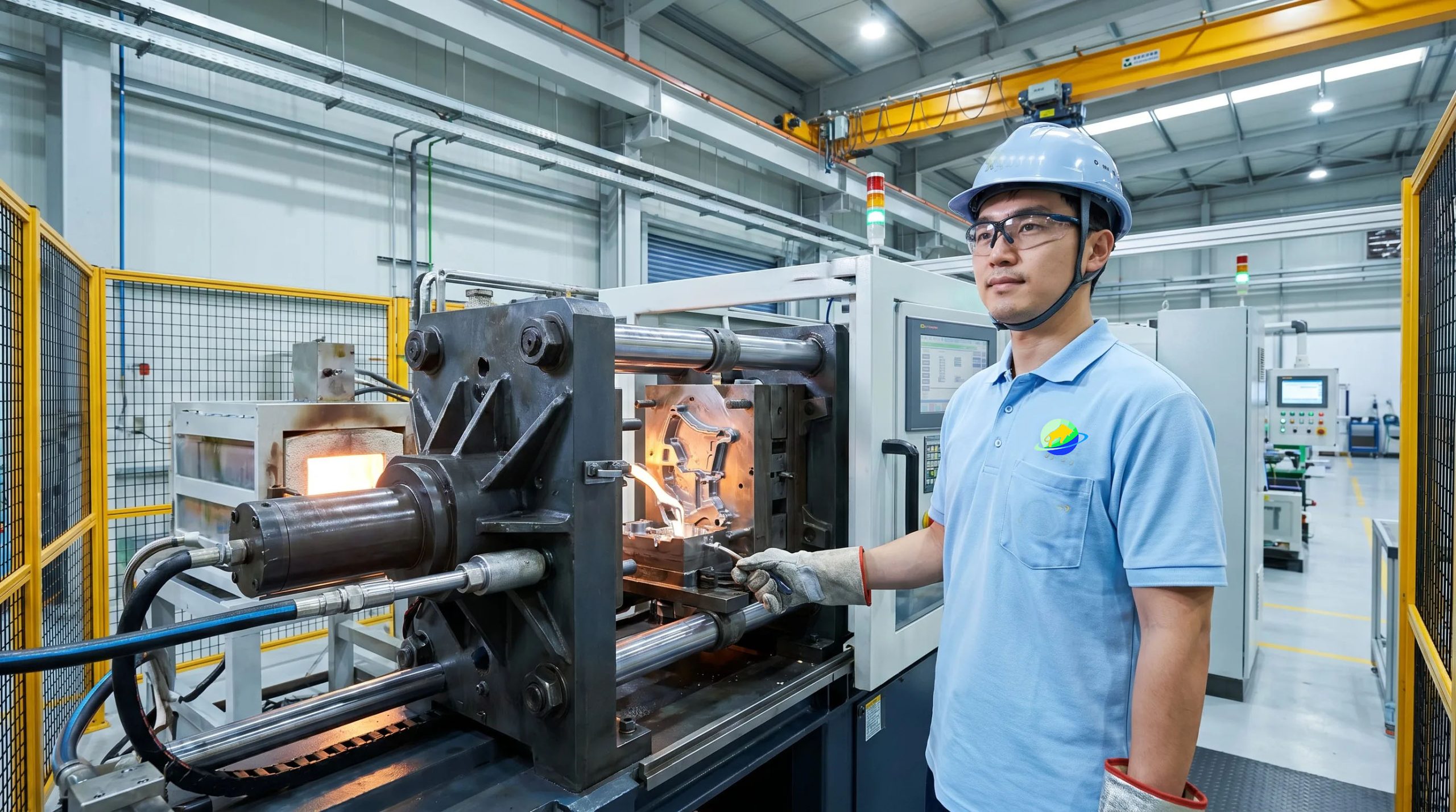 High pressure die casting manufacturing process in modern factory with aluminum injection and hydraulic clamp