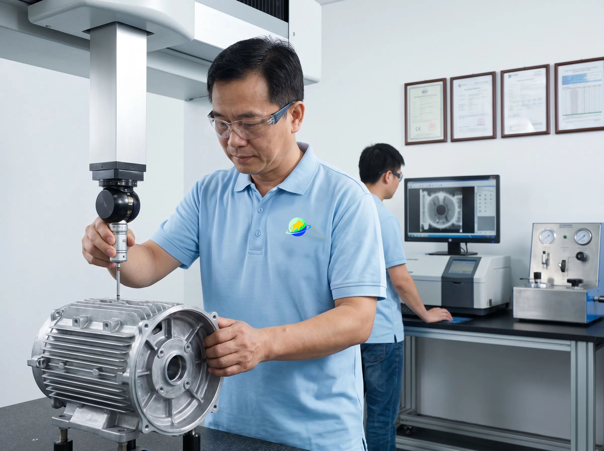 Quality control inspection in die casting factory with CMM measurement X-ray porosity check spectrometer alloy analysis and pressure leak testing