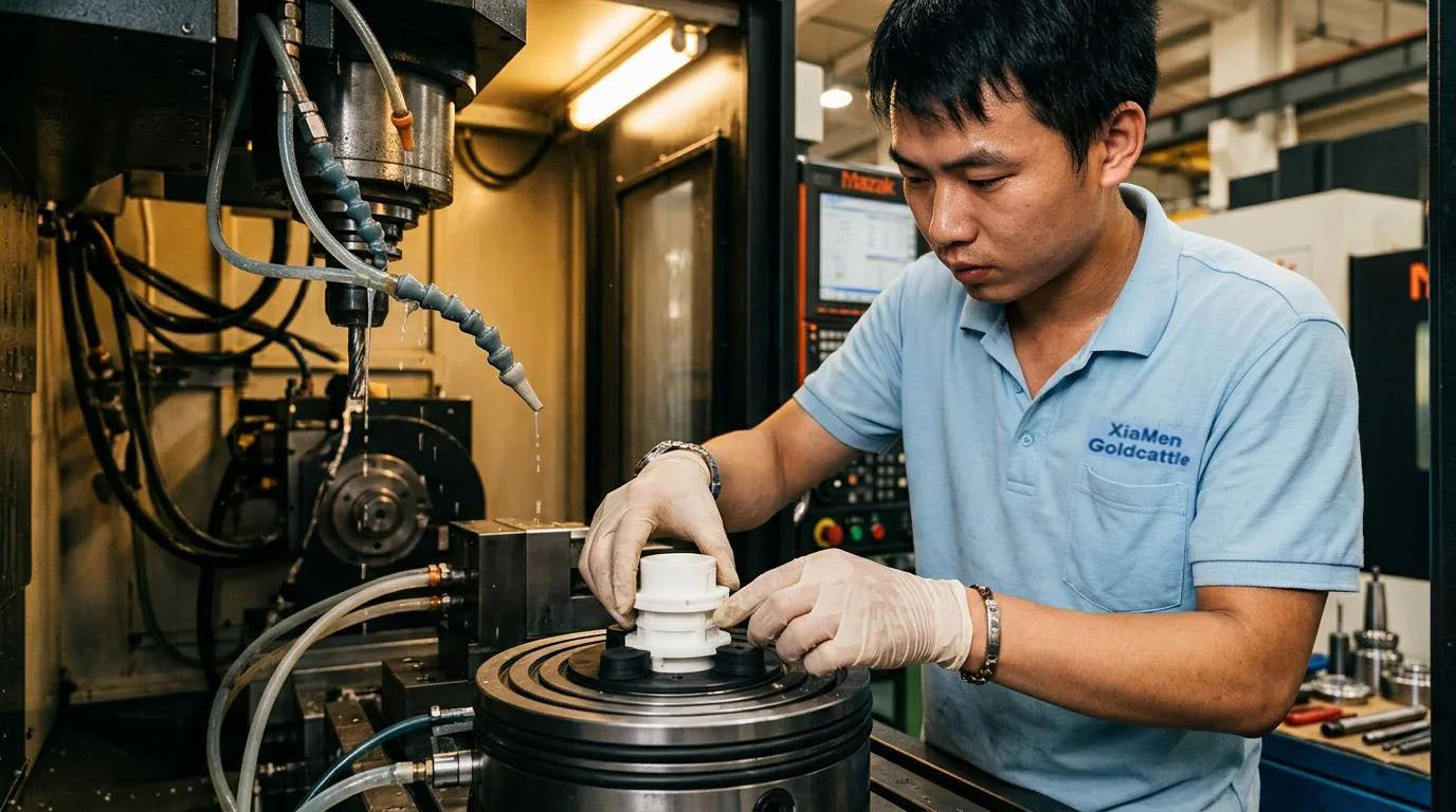 Chinese technician carefully mounting ceramic workpiece on vacuum chuck with soft rubber pads in CNC machine
