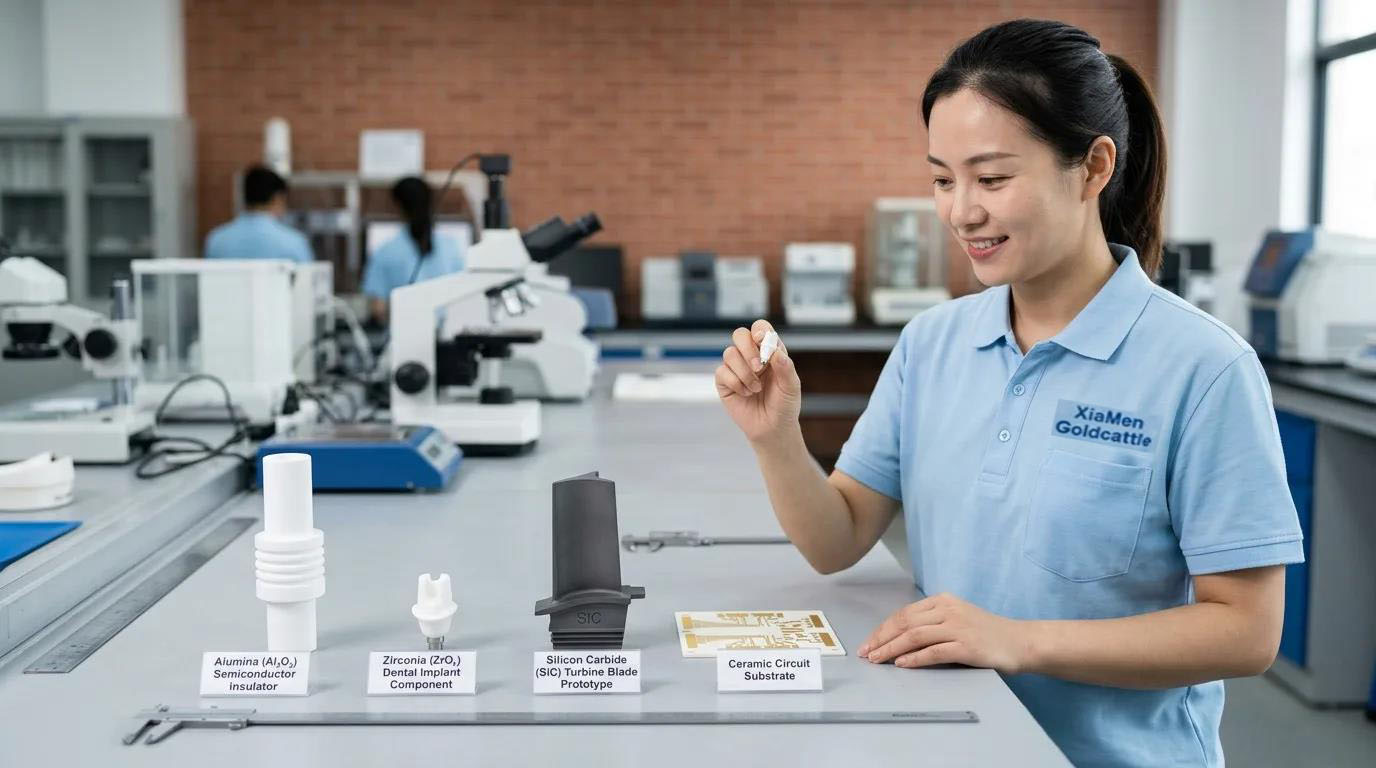 Four ceramic application examples: semiconductor insulator, zirconia dental implant, SiC turbine blade, ceramic circuit substrate