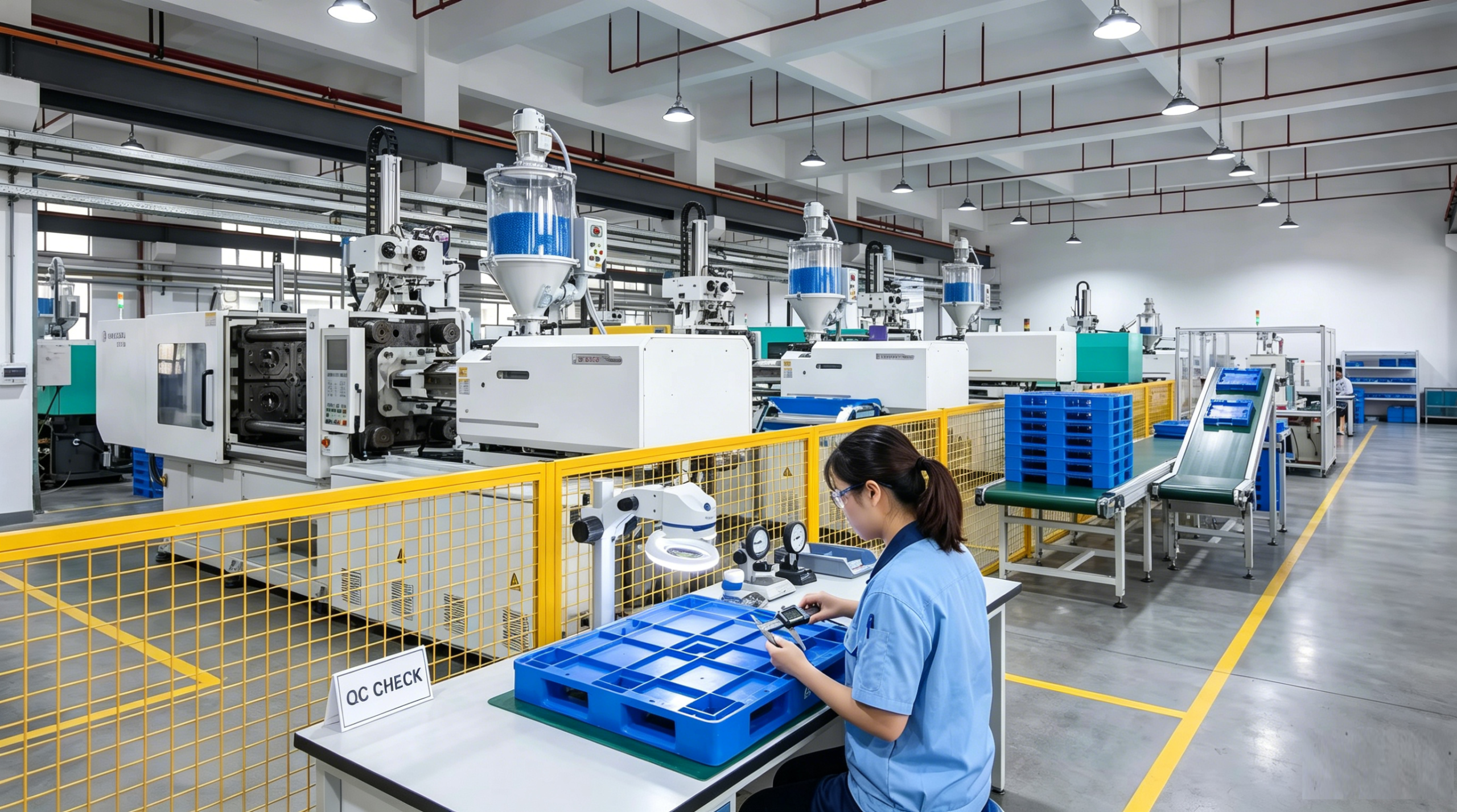 Injection molding factory floor with QC station inspecting plastic pallet inserts, production machines and organized workflow