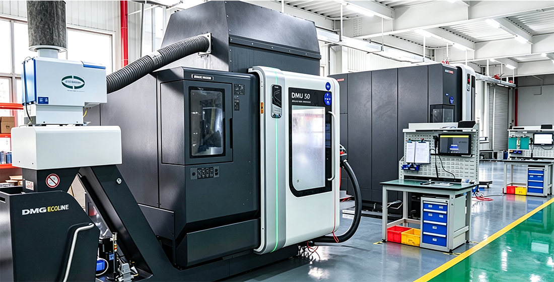 Goldcattle CNC machining floor with 3-axis, 4-axis and 5-axis centers used for qualified material production