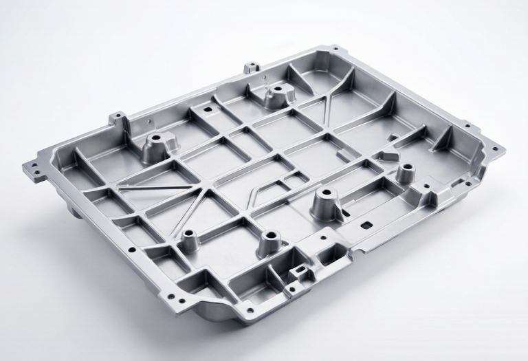 Integrated aluminum EV battery tray, vacuum high-pressure die cast structural component with internal ribs and mounting bosses