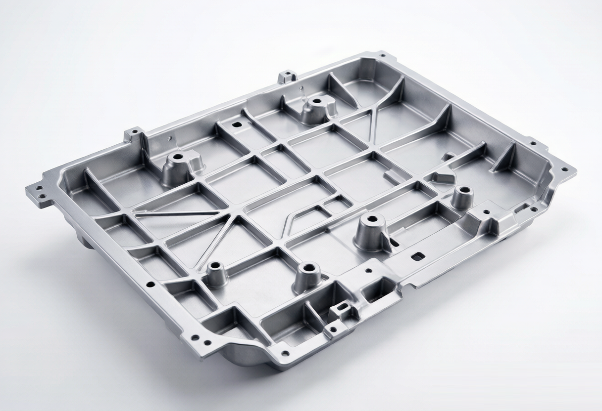 Integrated aluminum EV battery tray, vacuum high-pressure die cast structural component with internal ribs and mounting bosses