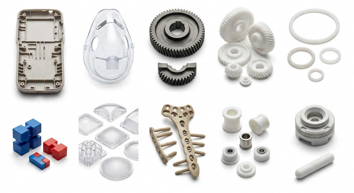 Engineering plastic material samples: ABS, polycarbonate, PEEK, POM and PTFE