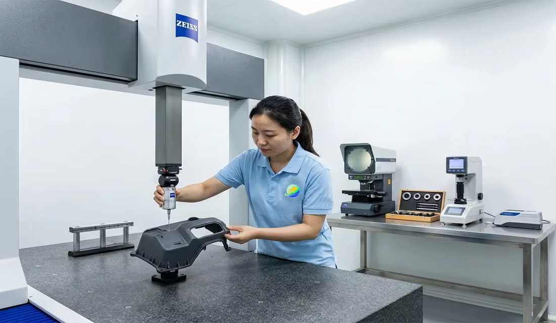 Chinese female quality inspector in light blue PRO polo shirt with bull-sphere-ring logo badge operating Zeiss CMM machine scanning ABS plastic housing part in clean QC lab