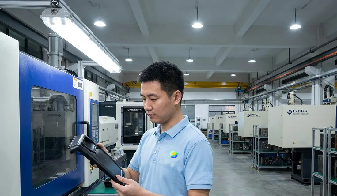 Chinese technician in light blue PRO polo shirt with bull-sphere-ring logo badge at Goldcattle injection molding factory inspecting ABS plastic shell cover