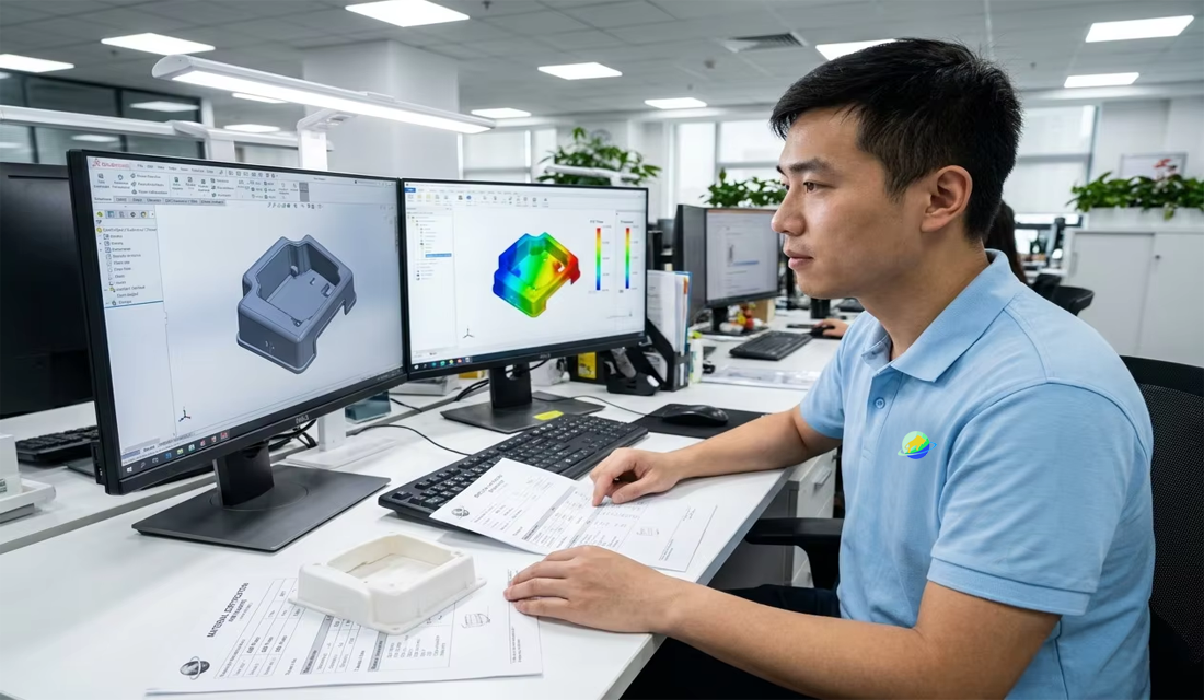 Chinese male engineer in light blue PRO polo shirt with bull-sphere-ring logo badge reviewing SolidWorks and Moldflow simulation on dual monitors with DFM report and ABS prototype sample on desk