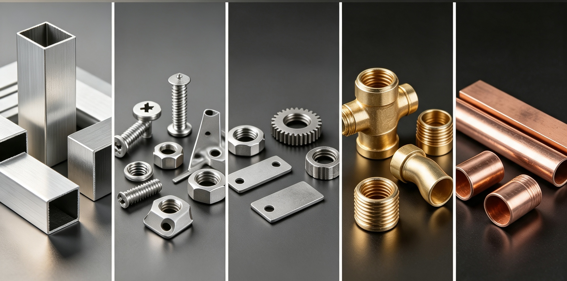 Metal material samples: aluminum, stainless steel, titanium, brass and copper