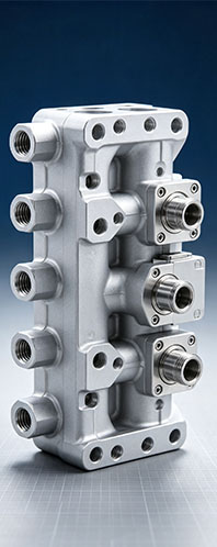 4-axis milled aluminum 6061 manifold with intersecting ports and precision bores ready for anodizing
