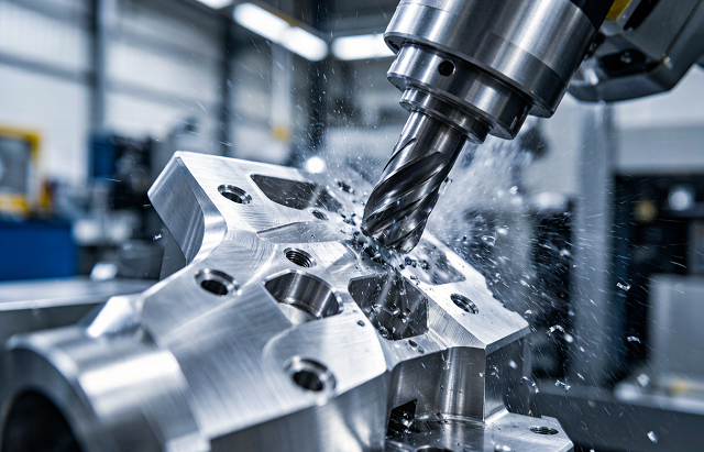 5-axis CNC machining centre cutting a complex aluminum 7075 aerospace bracket with coolant and metal sheen