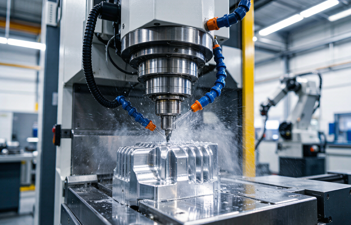 5-axis CNC machining centre cutting an aluminum 7075 component in a clean factory