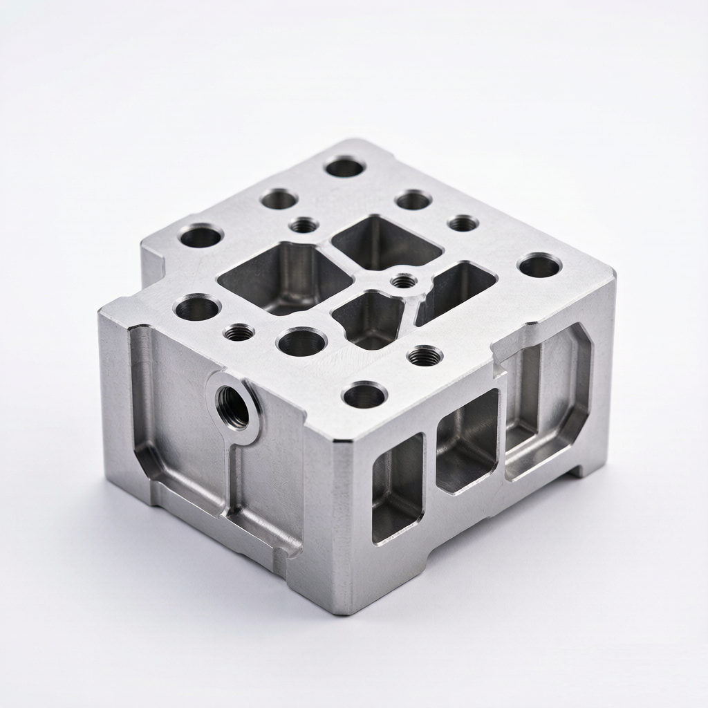 CNC machined aluminum 7075 multi-port manifold housing with angled holes