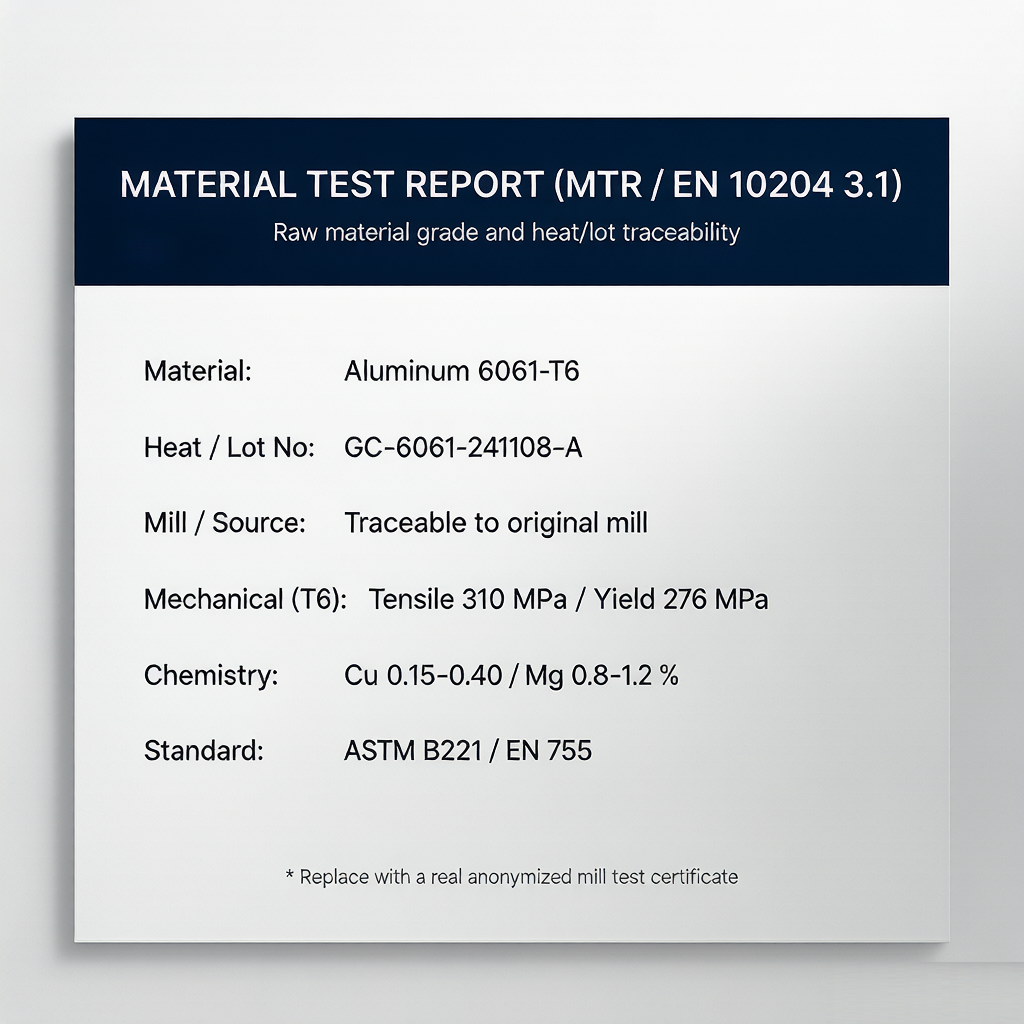 Material test report MTR EN 10204 3.1 with heat and lot traceability
