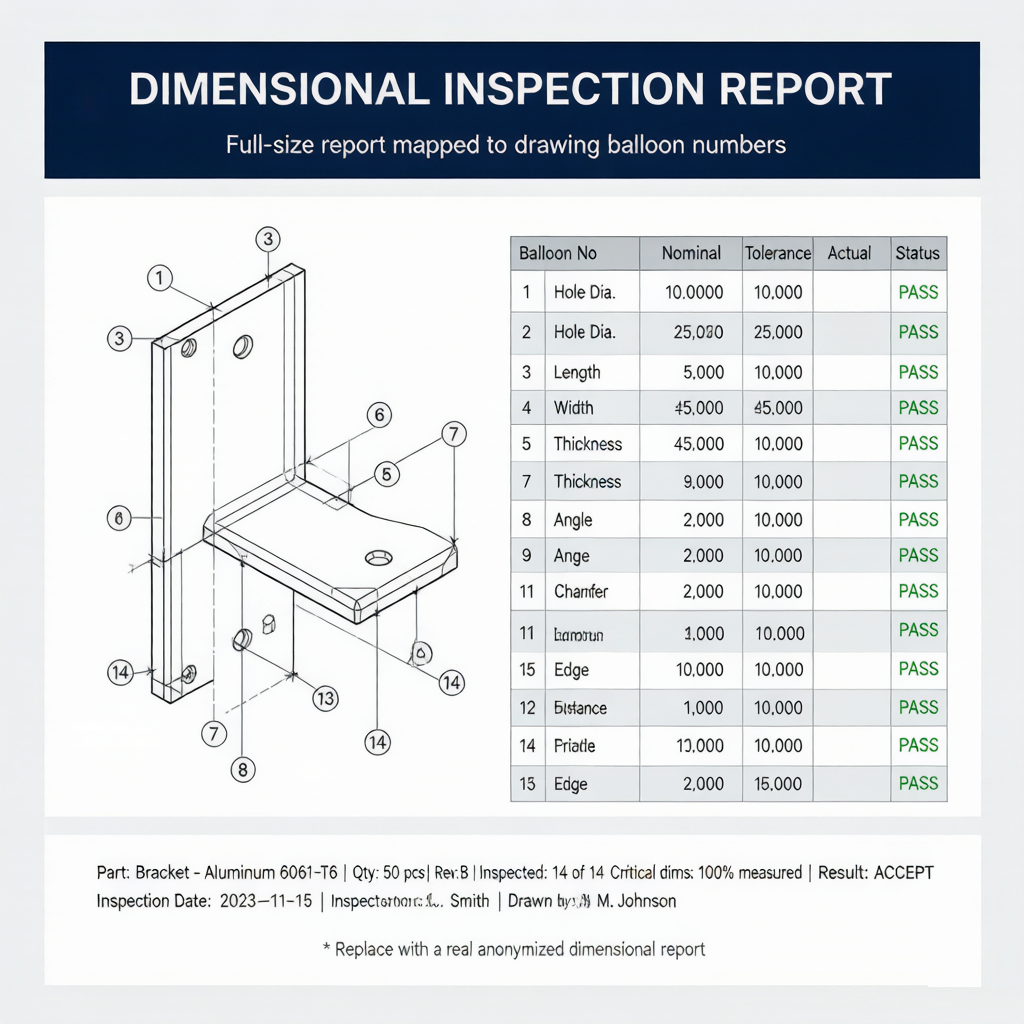 Dimensional inspection report example mapped to drawing balloon numbers