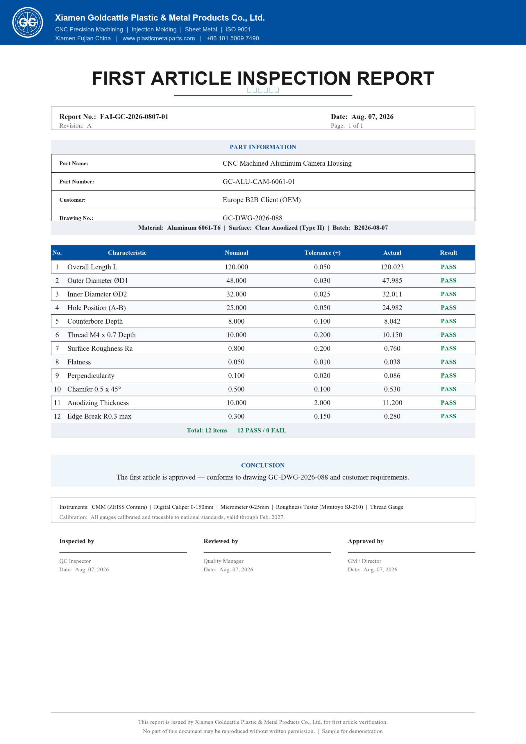 First Article Inspection (FAI) report sample