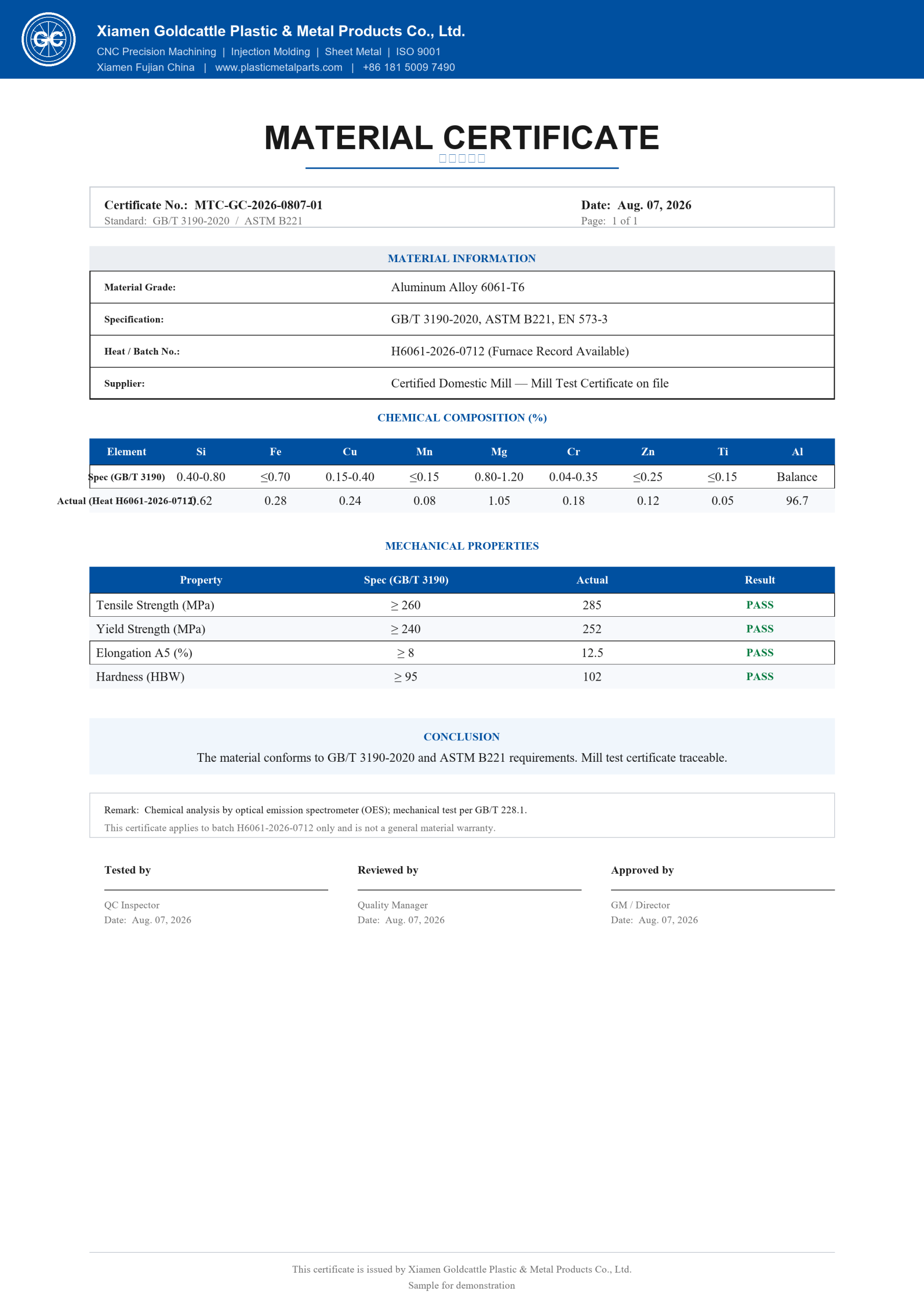 Material certificate sample