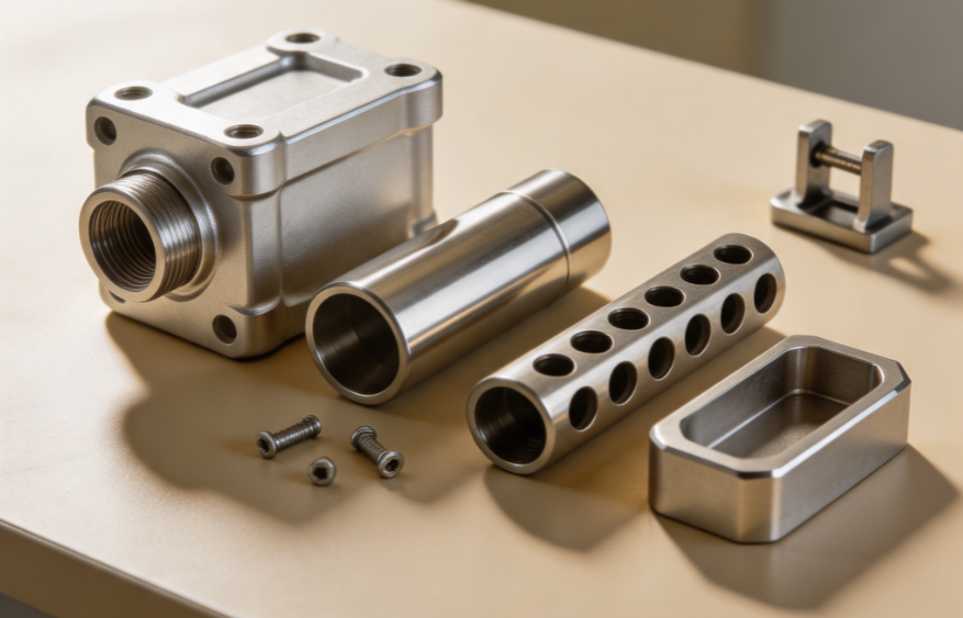 Assortment of precision machined parts: valve bodies, shafts, manifolds and housings in aluminum and stainless steel