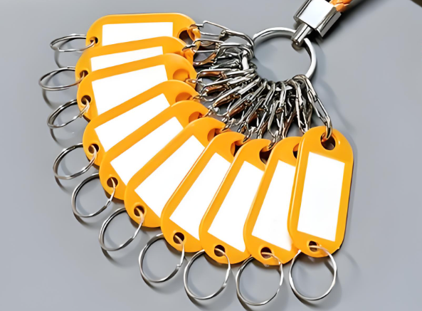 Injection-molded plastic key tags with metal split rings