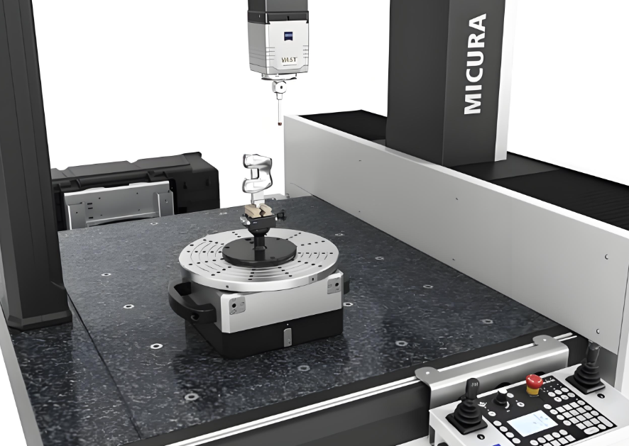 Bridge-type CMM probing a precision machined component under programmed inspection