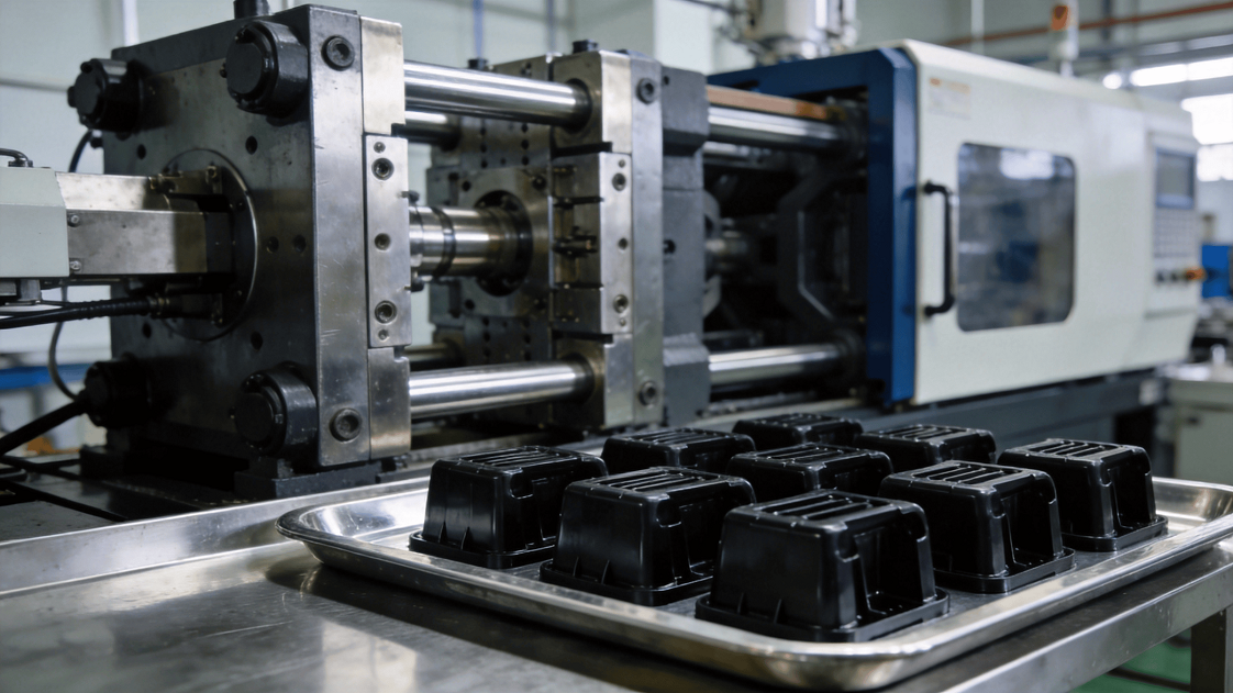 ABS injection molding production — machine, mold and finished parts