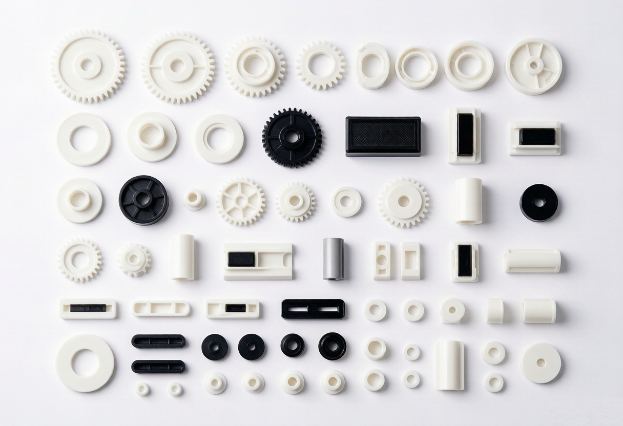 Flat lay of white and black acetal POM precision parts
