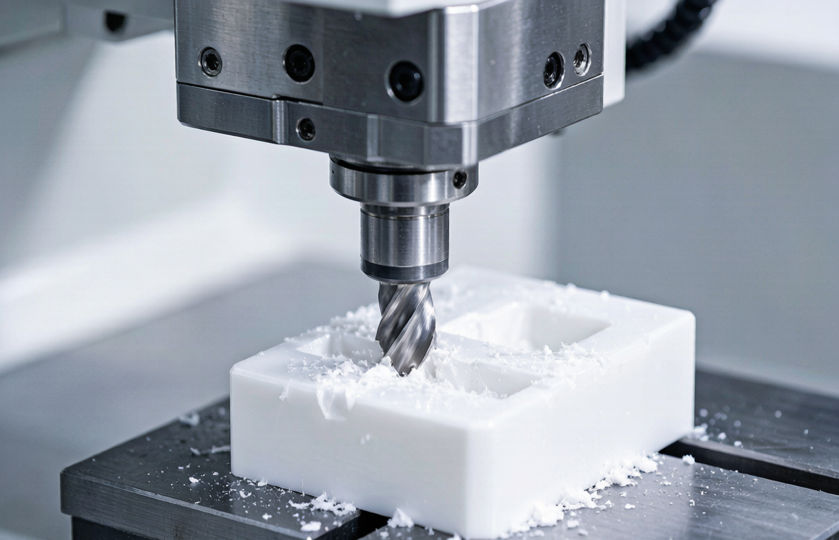 CNC milling machine cutting an acetal POM plastic part