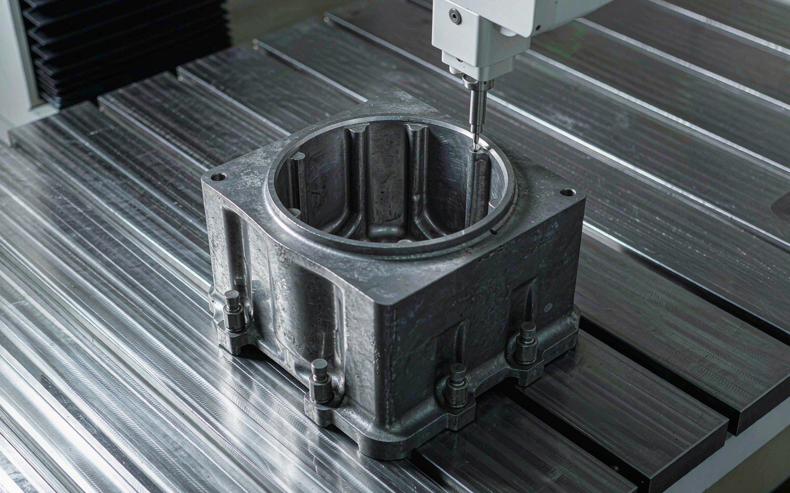 Die cast aluminum automotive part on a coordinate measuring machine for dimensional inspection