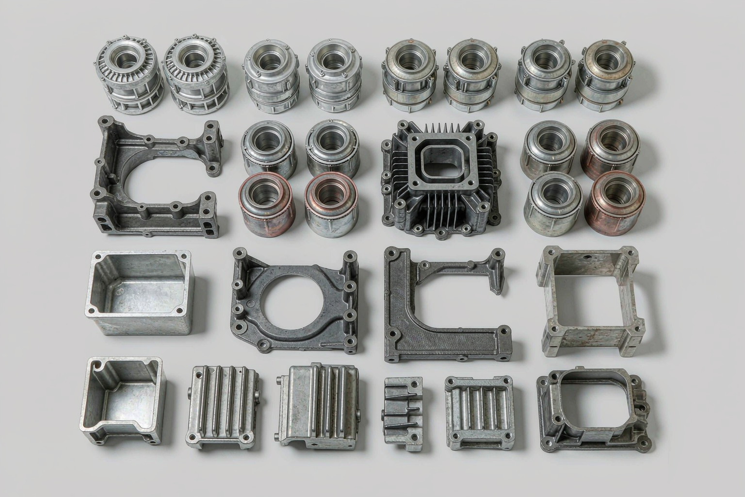 Assorted aluminum and zinc die cast automotive components: motor housings, brackets, pump bodies and connector housings