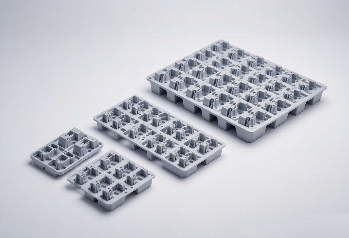 Injection molded plastic parts arranged in different batch quantities