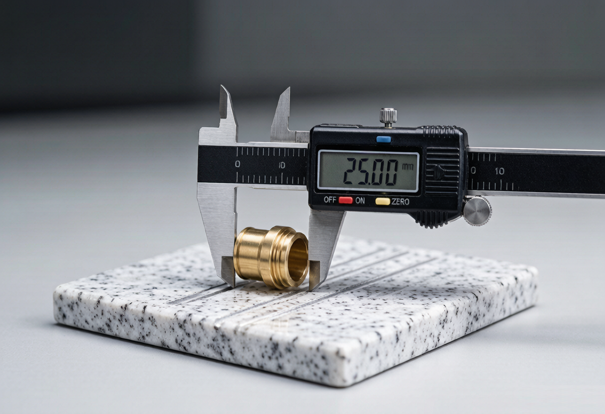 Precision measurement of a brass turned component with a caliper on a granite surface plate