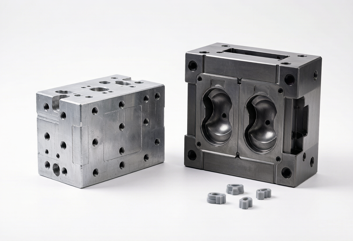 Low-volume aluminum bridge mold next to hardened steel production mold