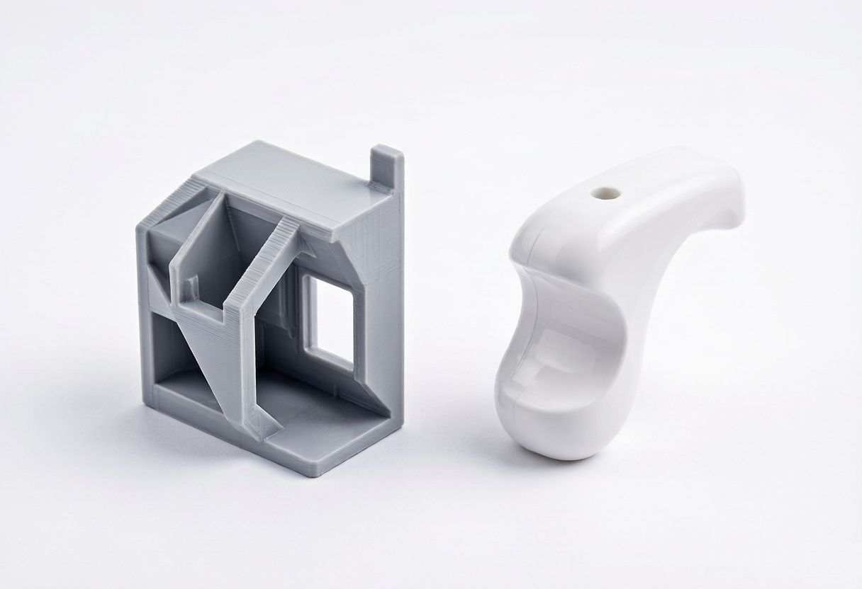 3D printed prototype housing beside a final production part representing prototype to production