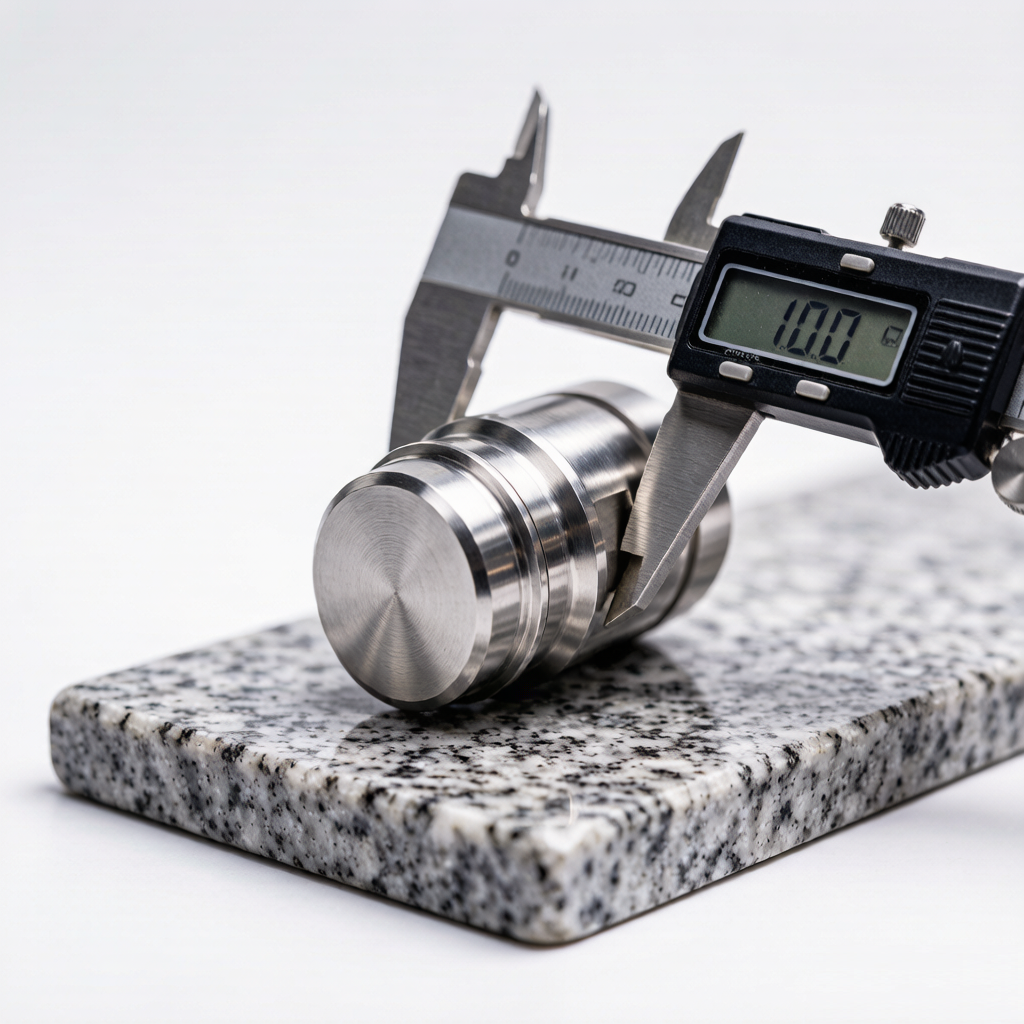 Precision CNC prototype part measured on a granite surface plate with a digital caliper
