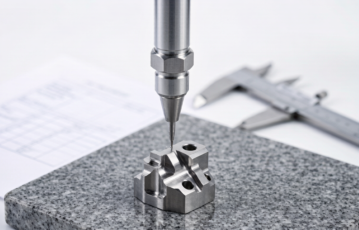Precision inspection of an EDM machined metal component with caliper on granite plate