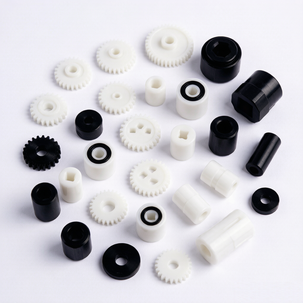 Assorted white and black acetal POM precision parts on white background