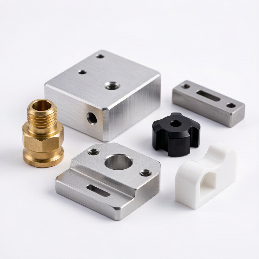 Assortment of precision CNC machined prototype parts in aluminum, brass, stainless steel and engineering plastic