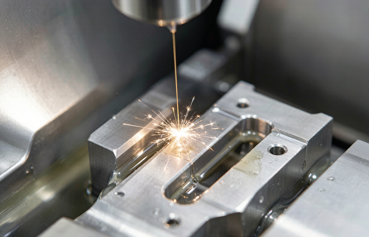 Wire EDM spark erosion cutting a precision metal mold component