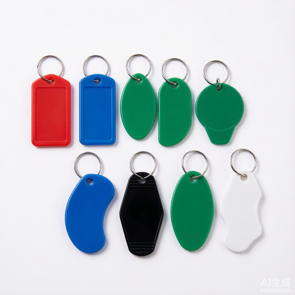 Assorted custom molded plastic key tags in rectangle, oval, round and hotel shapes with metal split rings