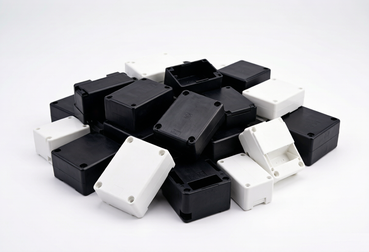 Stacks of black and white low-volume injection molded plastic enclosures