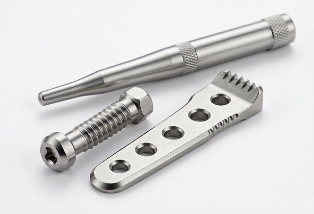 CNC machined titanium medical components including a bone screw, implant plate and surgical instrument handle