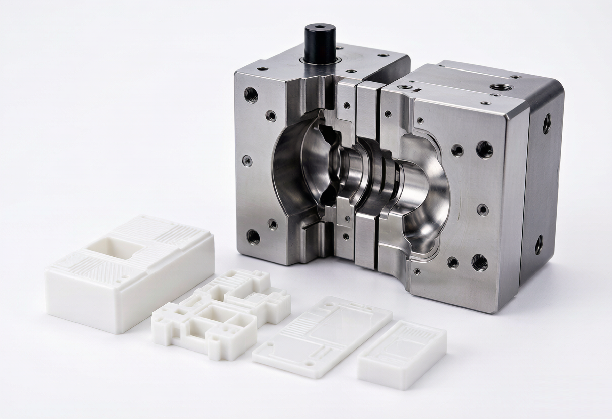 Opened steel injection mold with molded plastic sample parts on white background