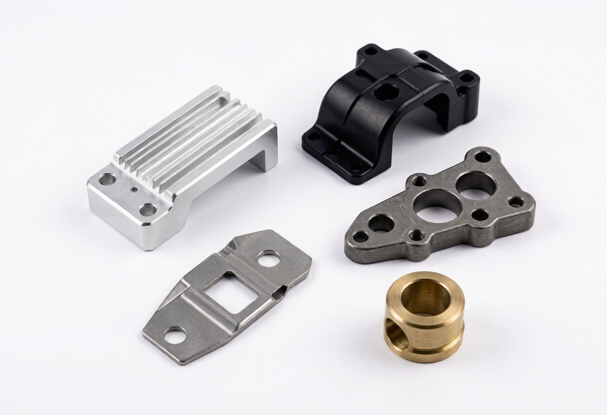 Flat-lay of custom manufactured precision parts including CNC machined, molded and cast components